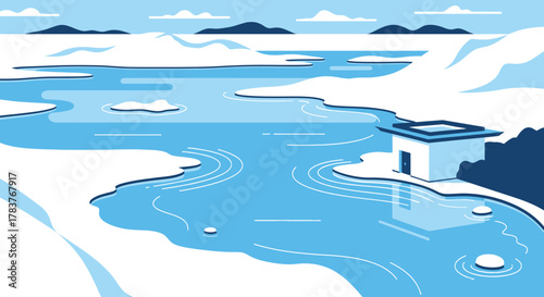 Tranquil Arctic Landscape With Ice Floes and Cabin