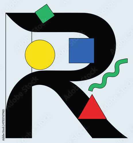 Letter R Geometry Composition in Memphis Design Style