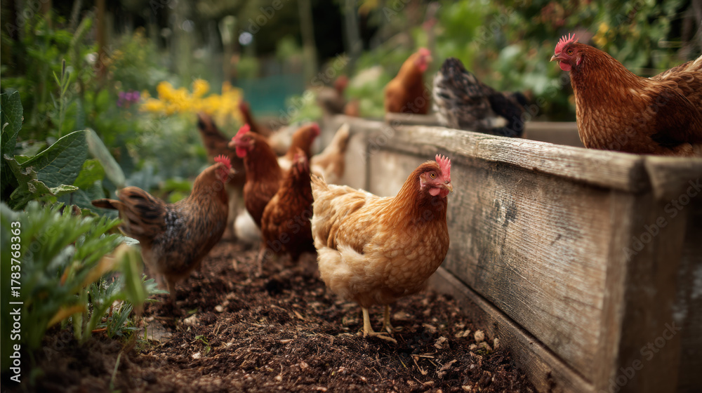 Fototapeta premium Group of Free-Range Chickens in Organic Garden