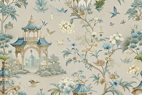 Elaborate Asian Pattern Design Wallpaper with Birds Pagodas and Flowers Seamless Beige Background Design Featuring Birds Floral Elements Asian Style Illustration