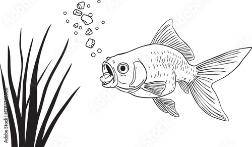 Black and white illustration of a goldfish blowing bubbles in water with aquatic plants isolated on transparent background