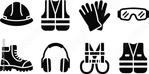 Construction safety equipment icons set including hard hat, vest, gloves, goggles, boots, earmuffs, harness, vector silhouette illustration