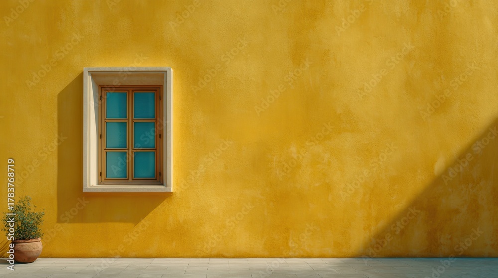 Fototapeta premium Sunny Yellow Wall With a Wooden Window and Green Plant in a Pot During Daylight Hours