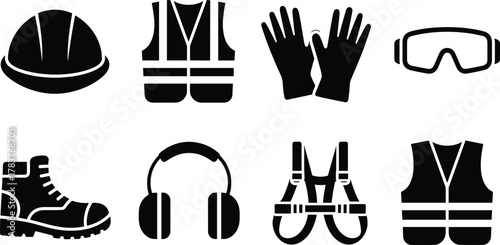 Construction safety equipment icons set including hard hat, vest, gloves, goggles, boots, earmuffs, harness, protective gear silhouettes vector