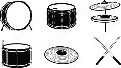 Black and white drum kit vector illustration with cymbals and drumsticks, musical instrument design, percussion art, festive holiday decoration, celebration graphic