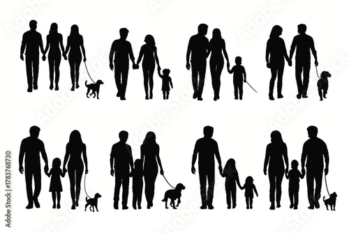 Family Walking With Pet Silhouettes in Nature