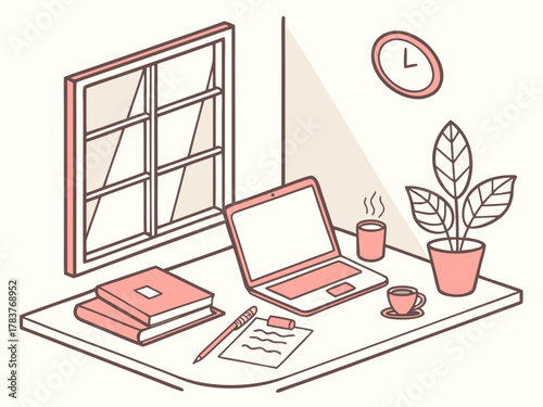 Minimal Home Office Vector | Cozy Desk Scene with Laptop, Coffee Mug, and Plant