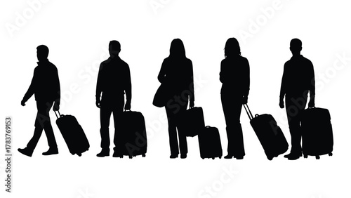 Travelers with luggage silhouettes isolated on white background, Vector