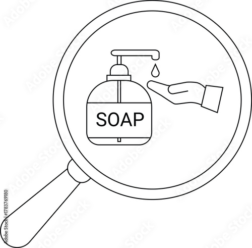 A magnifying glass showcases soap dispenser with a hand