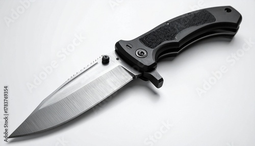 Tactical folding knife with black textured handle, partially serrated blade, thumb stud and locking mechanism, compact and functional design on white background.