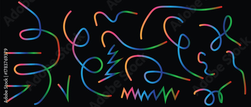 A diverse collection of colorful, abstract, swirling, and winding line art elements, creating a vibrant and dynamic visual composition on a dark background