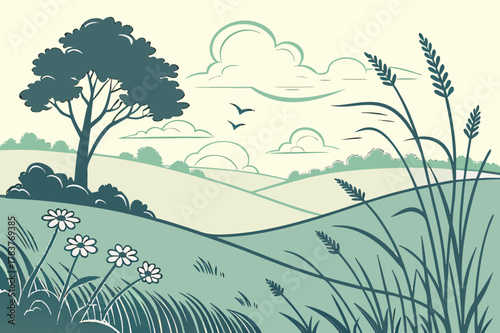 Lush Tree Silhouette on Hill with Flying Birds Vector - Blue Duotone Graphic