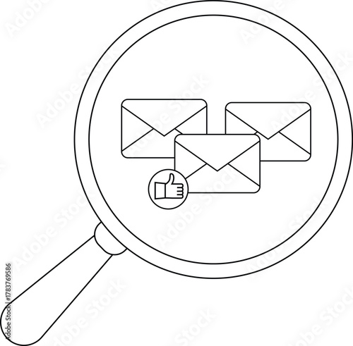 Magnifying glass focusing on 3 envelopes and a thumbsup icon