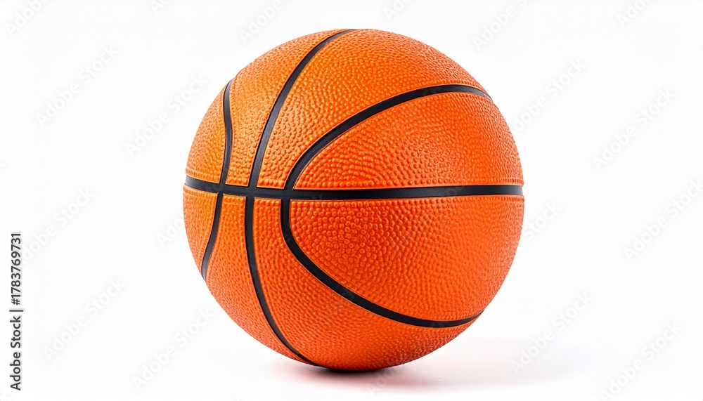 Fototapeta premium Standard orange basketball with black panel lines and pebbled texture, isolated on white background, classic sports equipment for professional and recreational play.