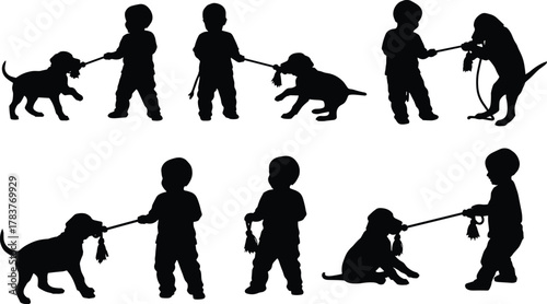 Flat vector child and animal play, silhouette interaction scenes, tug-of-war moments, playful pets and kids, dynamic outdoor fun illustration design