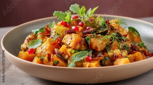 Roasted Butternut Squash Salad With Pomegranate Seeds, Dill, and Mint in Beige Bowl