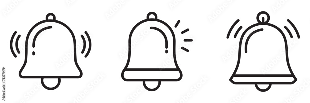 Obraz premium Bell Notification Icon Set – Outline and Minimal Alert Symbols for Reminder, Alarm, and Interface Design