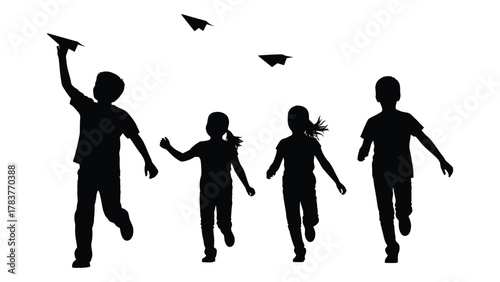 Children playing with paper airplanes silhouette isolated on white background, Vector