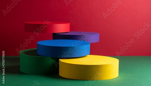 Three stacked cylindrical platforms in red, blue, and yellow, concentric tiers on green surface, dark gradient background with red, black, and green tones, geometric and colorful composition.