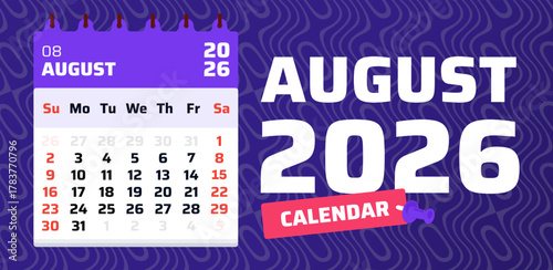 August 2025 calendar. Modern calendar page. 2025 sunday start week. Clean design template. Vector illustration. Monthly calendar grid august 2025. Weekend saturday and sunday