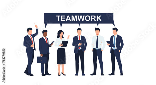 Group of diverse professionals in suits standing together with the word \.