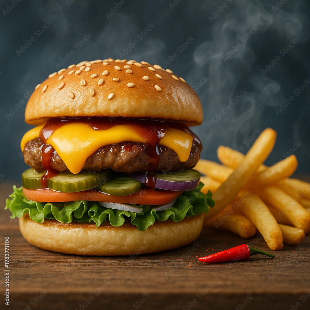 custom made wallpaper toronto digitalJuicy Cheeseburger with Fries and Fire Background
