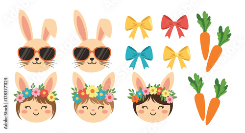Cute Easter themed illustrations featuring bunnies, girls with flower crowns, bows, and carrots.