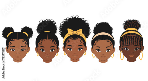 Illustration of five young Black girls with different hairstyles and accessories.