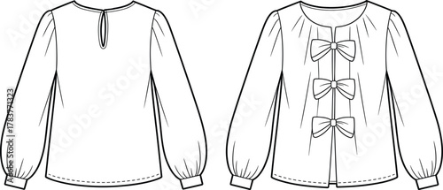 Fashion illustration, blouse design, gathered sleeves, round neckline, keyhole back, decorative bows, garment sketch, technical drawing, sewing pattern, apparel concept, front back view