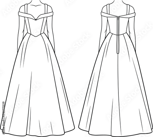 Fashion illustration, formal gown, off-shoulder design, sweetheart neckline, voluminous skirt, zipper back, garment sketch, technical drawing, sewing pattern, couture concept, front back view