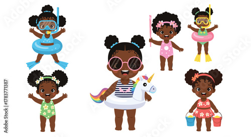 Group of diverse little girls enjoying summer activities in swimsuits and beach accessories.