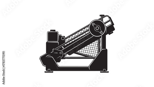 Powerful black and white illustration of industrial rock crusher, perfect for construction and mining themed projects, conveying strength, precision, and mechanical prowess