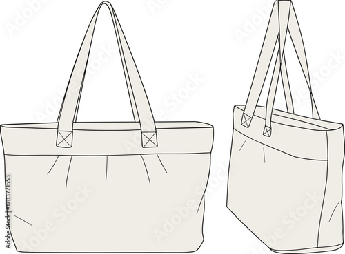 Tote bag sketch, front and side view, pleated design, long straps, reinforced stitching, fashion illustration, product template, accessory design, casual style, handbag mockup