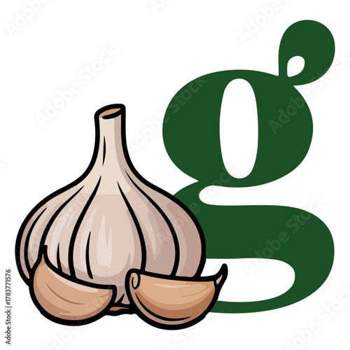 Garlic bulbs and cloves with a G logo, conveying a fresh and organic feel
