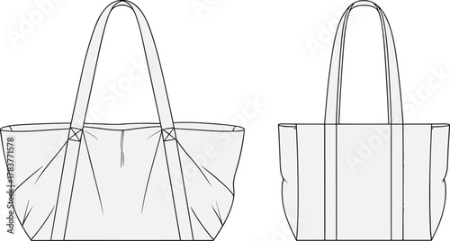 Tote bag sketch, two styles, front and side views, diagonal seams, vertical seams, double handles, fashion illustration, product template, accessory design, casual wear