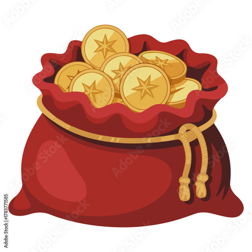 A full red sack containing gold coins