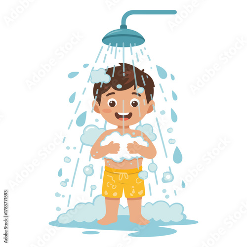 A joyful illustration of a boy taking a shower with soap suds and water drops