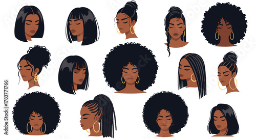 Collection of diverse Black women hairstyles in a flat illustration style.