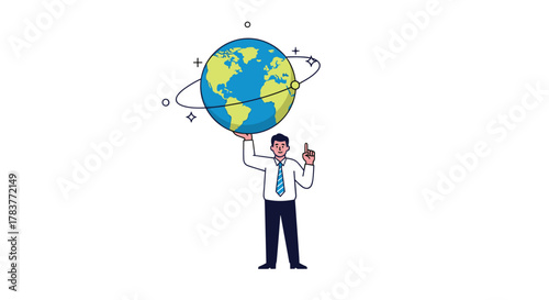 Man in a suit holding the Earth above his head and pointing his finger upwards with a thoughtful expression.