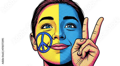 Young girl showing peace sign with Ukrainian flag face paint  