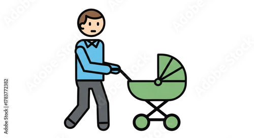 Man pushing green baby stroller while walking outdoors  