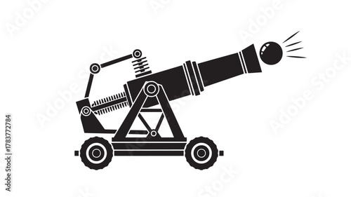 Bold black silhouette of a vintage cannon firing a cannonball, perfect for historical projects or adding a touch of classic warfare to your design with a powerful statement