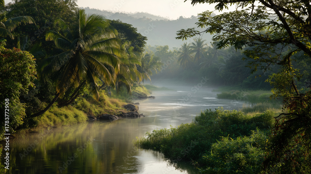 Fototapeta premium Landscape view of fog over river with lush tropical vegetation on the banks