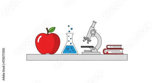 Red apple, laboratory flask, microscope, and books on shelf  