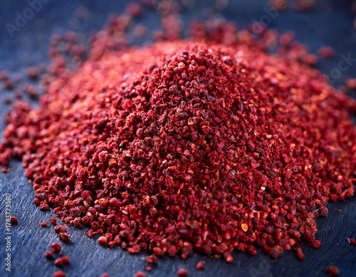 vibrant red sumac spice aromatic flavor culinary ingredient detailed close up macro photography