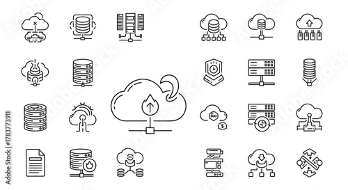 Diverse cloud computing and data storage line art icons set, illustrating network and server concepts.