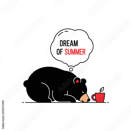 Black bear hibernating with a cup and dreaming of summer  