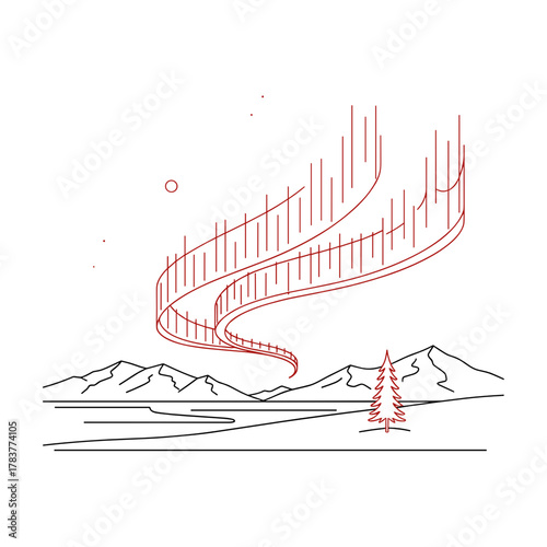 Abstract illustration of aurora borealis over snowy mountains  