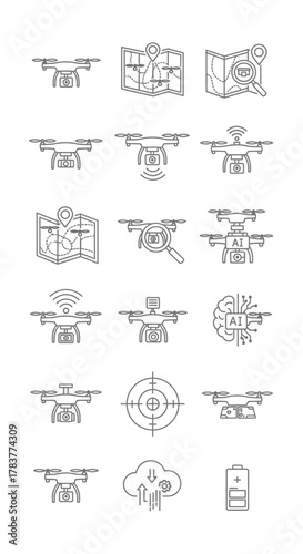 Drone technology line art icon set featuring quadcopters, maps, signals, cameras, and cloud data.