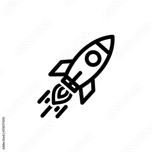 Dynamic black line art icon of a stylized rocket ship ascending with propulsion flames.